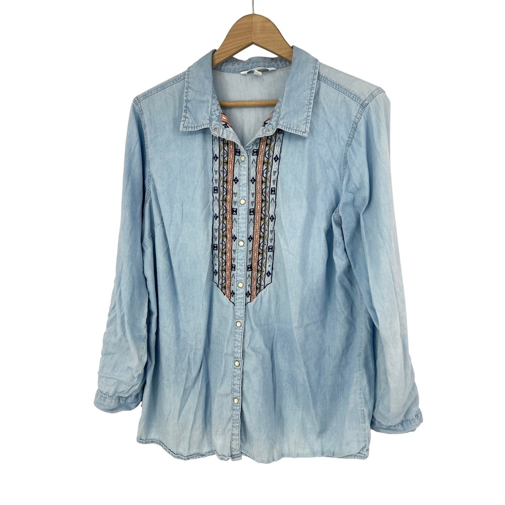 Pearl Snap Chambray Denim Embroidered Button Down Shirt XL Boho Krazy Kat